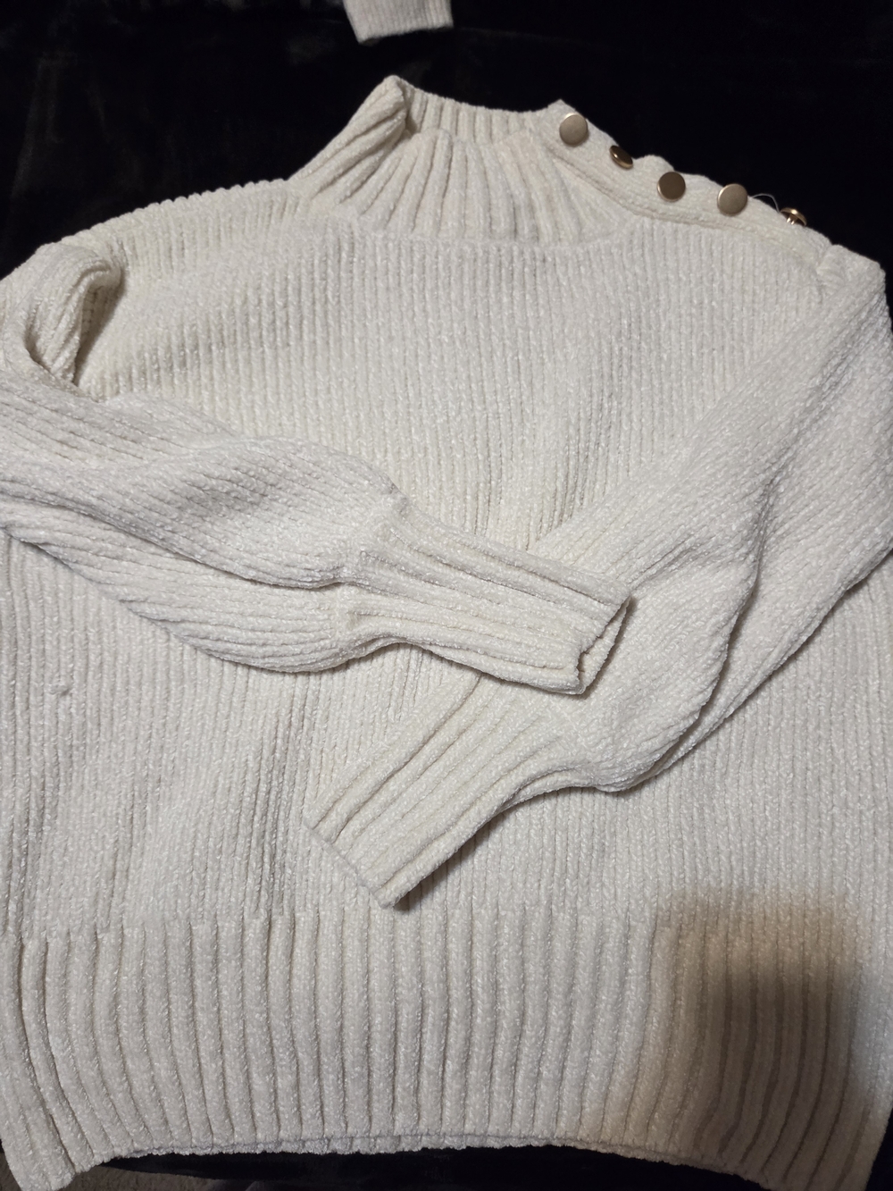 Mock Neck Button-Shoulder Cream Sweater